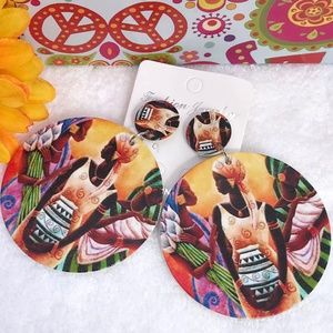 New! Large Boho Earrings African Wood Drop Posts